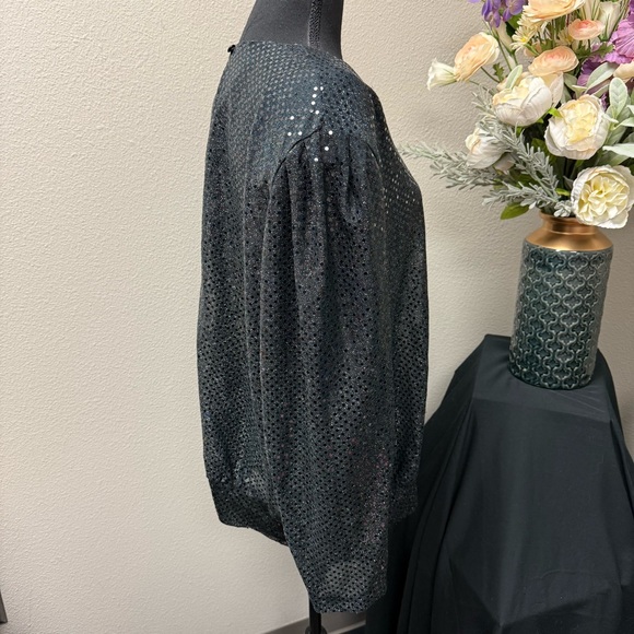 R&K Evenings Black Sequin Metallic Blouse 20W Long Sleeve Party Holiday Top - Picture 5 of 8
